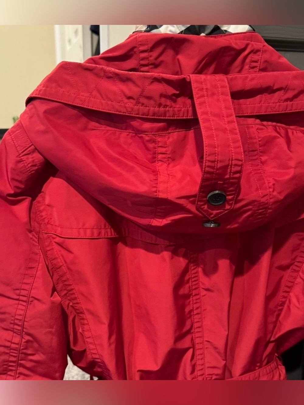 Burberry Balmoral Red Short Trench Coat Hooded Belted Jacket US 14 EUC - Picture 7 of 16
